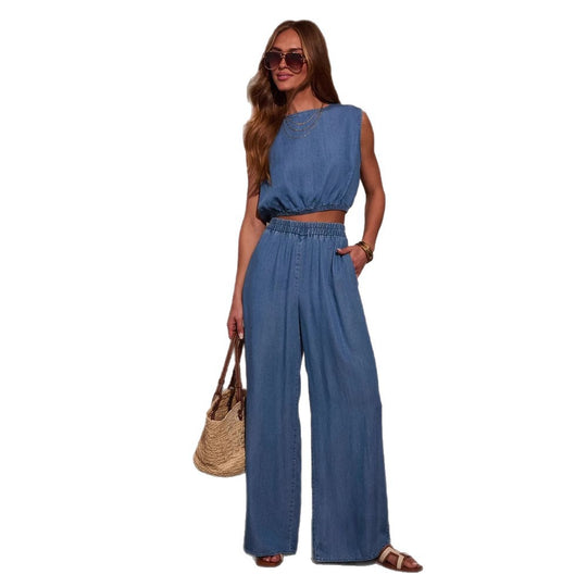 Damen Lässiges Oversized Jeans-Set mit geknotetem Oberteil und weiten Beinen R&B