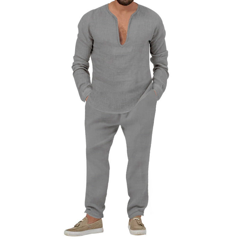 Herren lässiges Leinen-Outfit mit tiefem V-Ausschnitt und elastischem Bund R&B