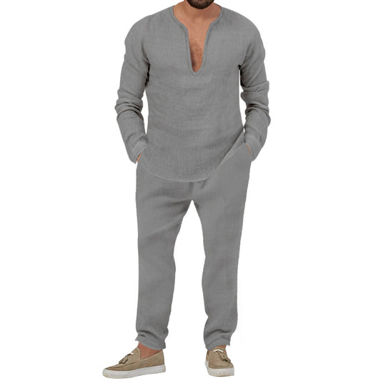 Herren lässiges Leinen-Outfit mit tiefem V-Ausschnitt und elastischem Bund R&B