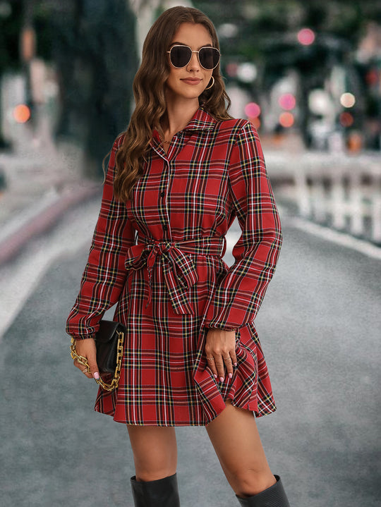 Damen Karohemdkleid mit Bindegürtel und langen Ärmeln R&B