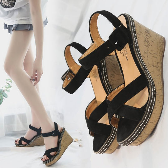 Damen nan Keilabsatz Sandalen mit Korkplateau verstellbarem Knöchelriemen aus Veloursleder R&B