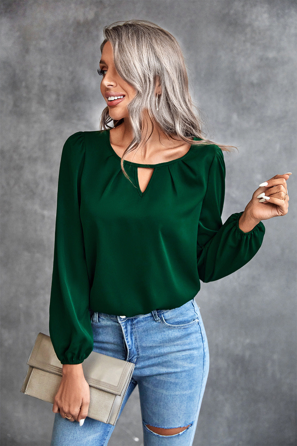 Damen Elegante Bluse mit leichtem V-Ausschnitt und Puffärmeln R&B