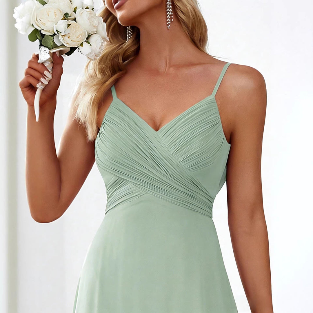 Damen nan fließendes Chiffon-Abendkleid mit überkreuzter Drapage, Empire-Taille und feinen Spaghettiträgern R&B