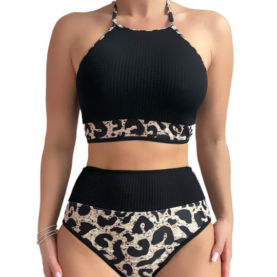 Damen Hochtailliertes Bikini-Set mit sportlichem Oberteil und animalischem Muster R&B