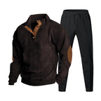 Herren nan gerippter Henley-Freizeitanzug mit dekorativer Knopfleiste und Wildleder-Ellenbogenpatch konisch geschnittene Jogginghose R&B