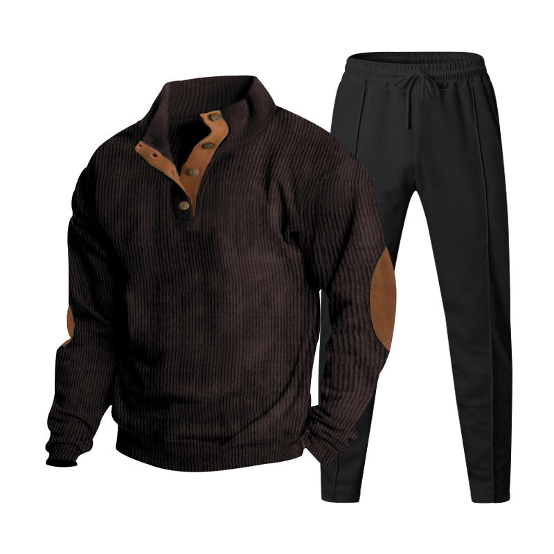 Herren nan gerippter Henley-Freizeitanzug mit dekorativer Knopfleiste und Wildleder-Ellenbogenpatch konisch geschnittene Jogginghose R&B