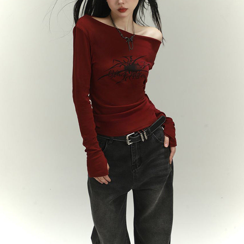 Damen Langarmshirt mit asymmetrischem Ausschnitt und grafischem Druck