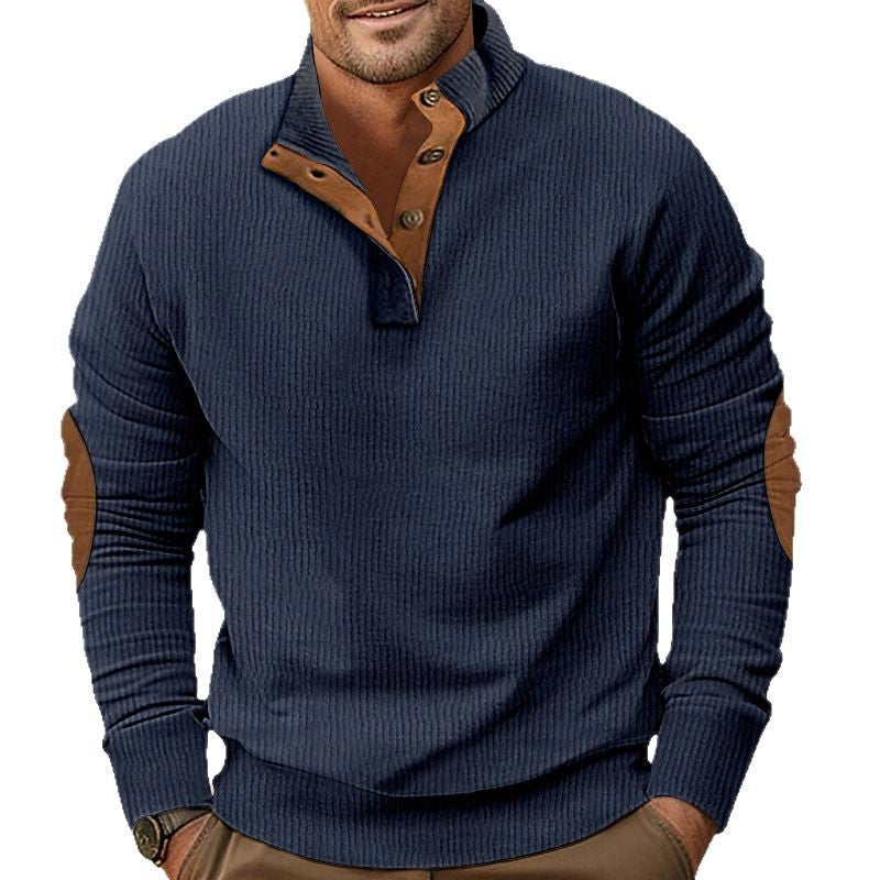 Herren nan geripptes Henley-Langarmshirt mit Stehkragen und Leder-Ellbogenpatches R&B