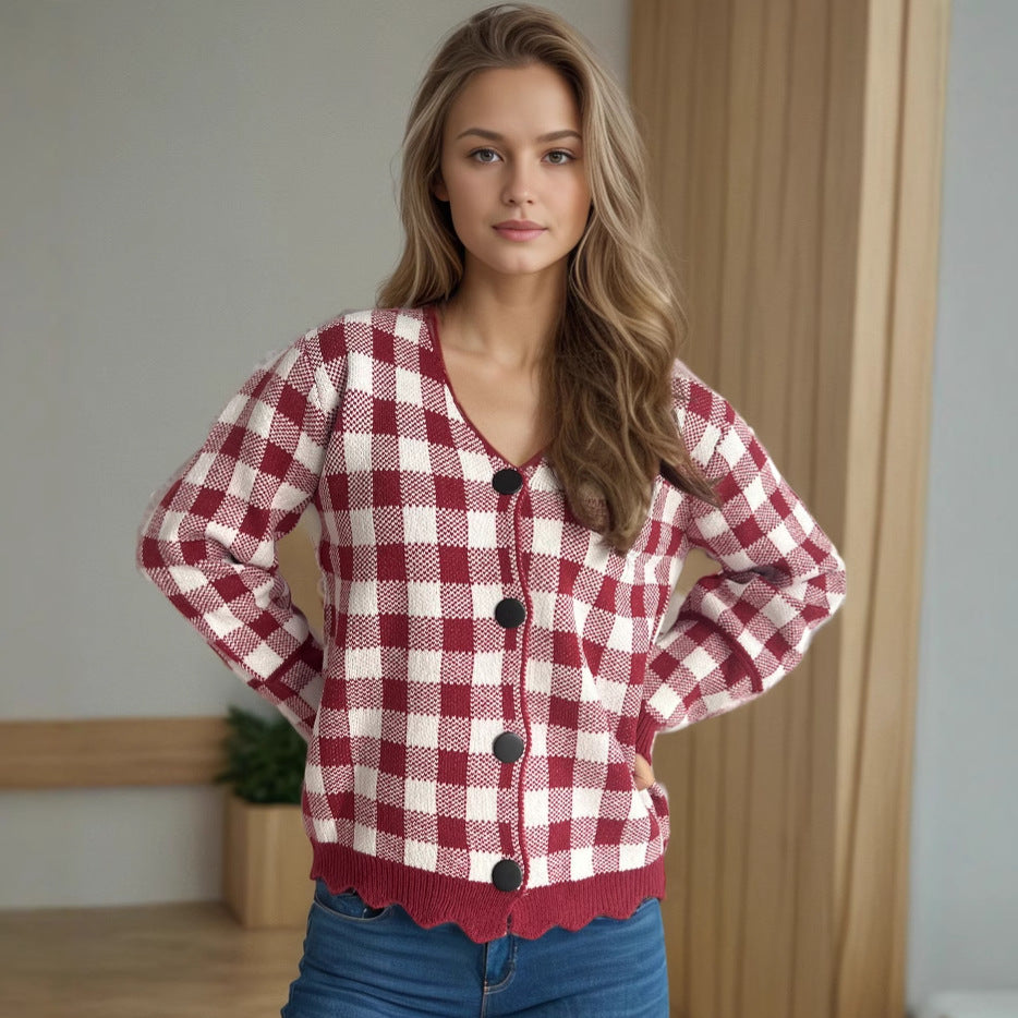 Damen lässige Strickjacke mit kräftigem Karomuster und modischen Knopfdetails R&B