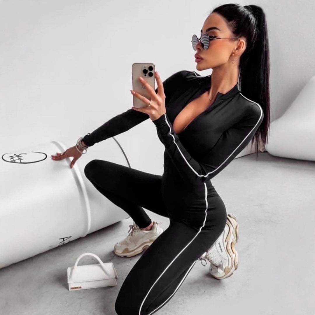 Damen Langarm-Jumpsuit mit hohem Kragen und nahtlosem Design R&B