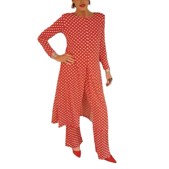 Damen nan Pünktchen-Lounge-Ensemble mit langer A-Linien-Tunika, mittigem Frontschlitz und weiter Palazzohose R&B