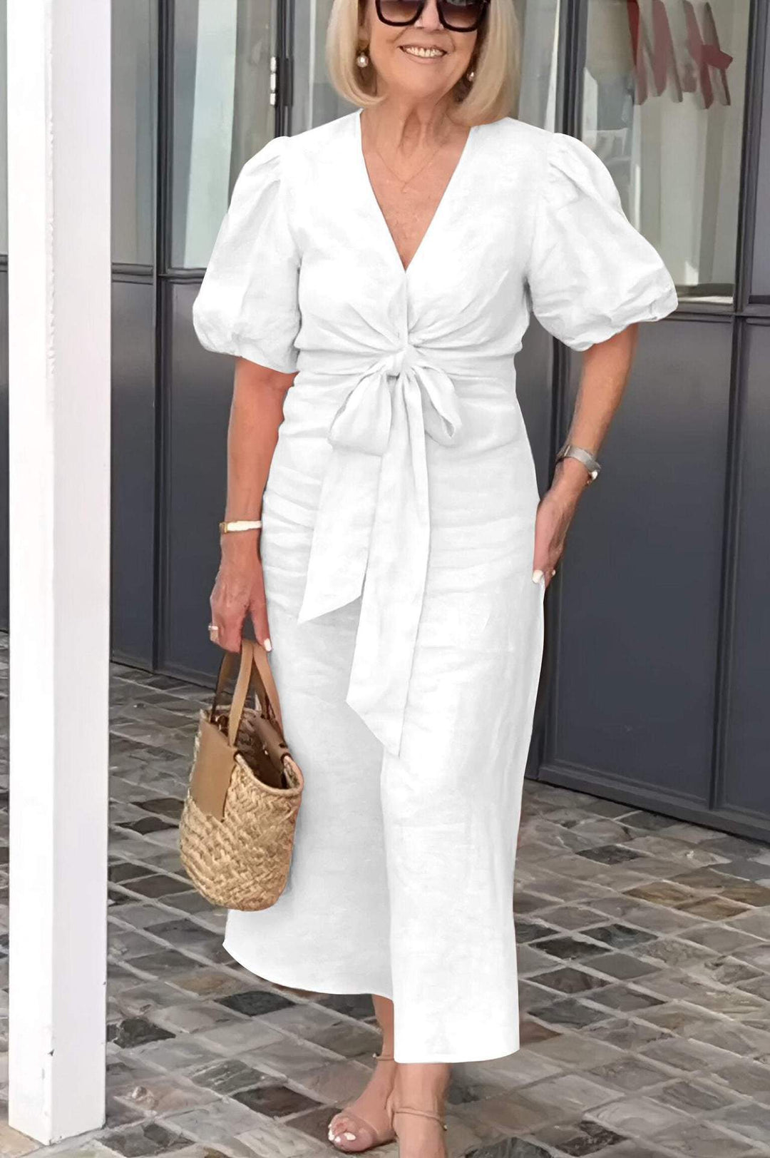 Damen Maxikleid mit eleganten Puffärmeln und Taillenknoten R&B