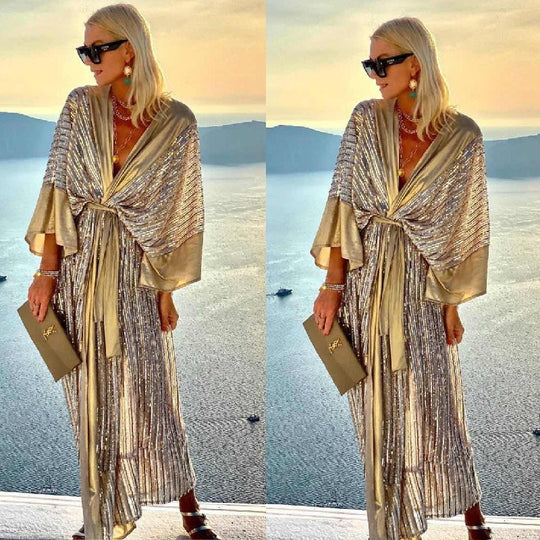 Damen Glitzerndes Maxikleid mit elegantem Wickeldesign und fließenden Ärmeln R&B