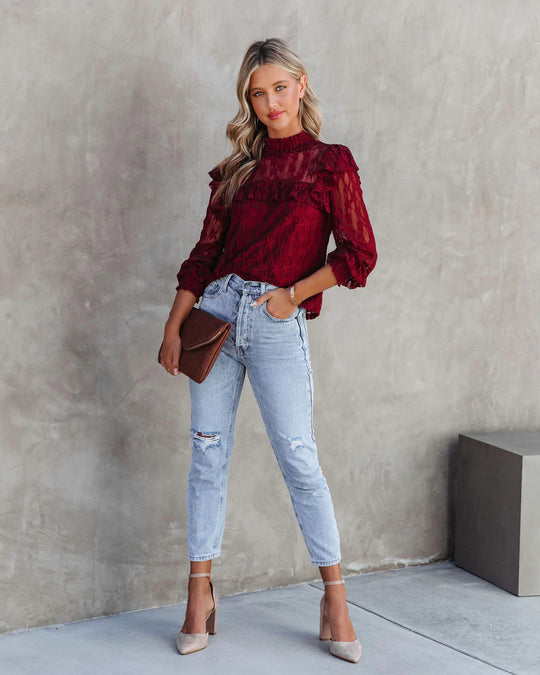 Damen Spitzenbluse mit Rüschendetails und elegantem Stehkragen R&B