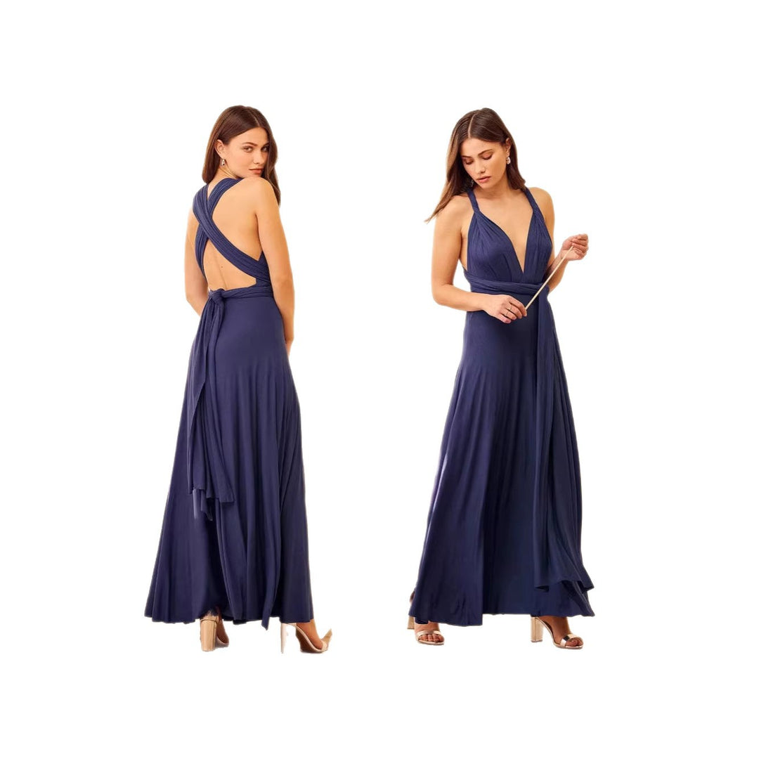 Damen elegantes Rundhals-Maxikleid mit variablen Trägeroptionen und fließendem Schnitt R&B