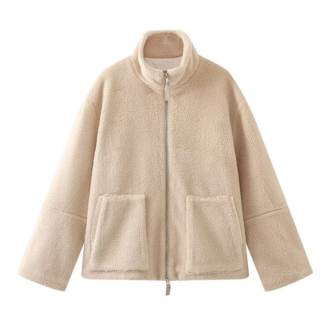 Damen kuschelige Fleecejacke mit hohen Kragen und großen Taschen R&B