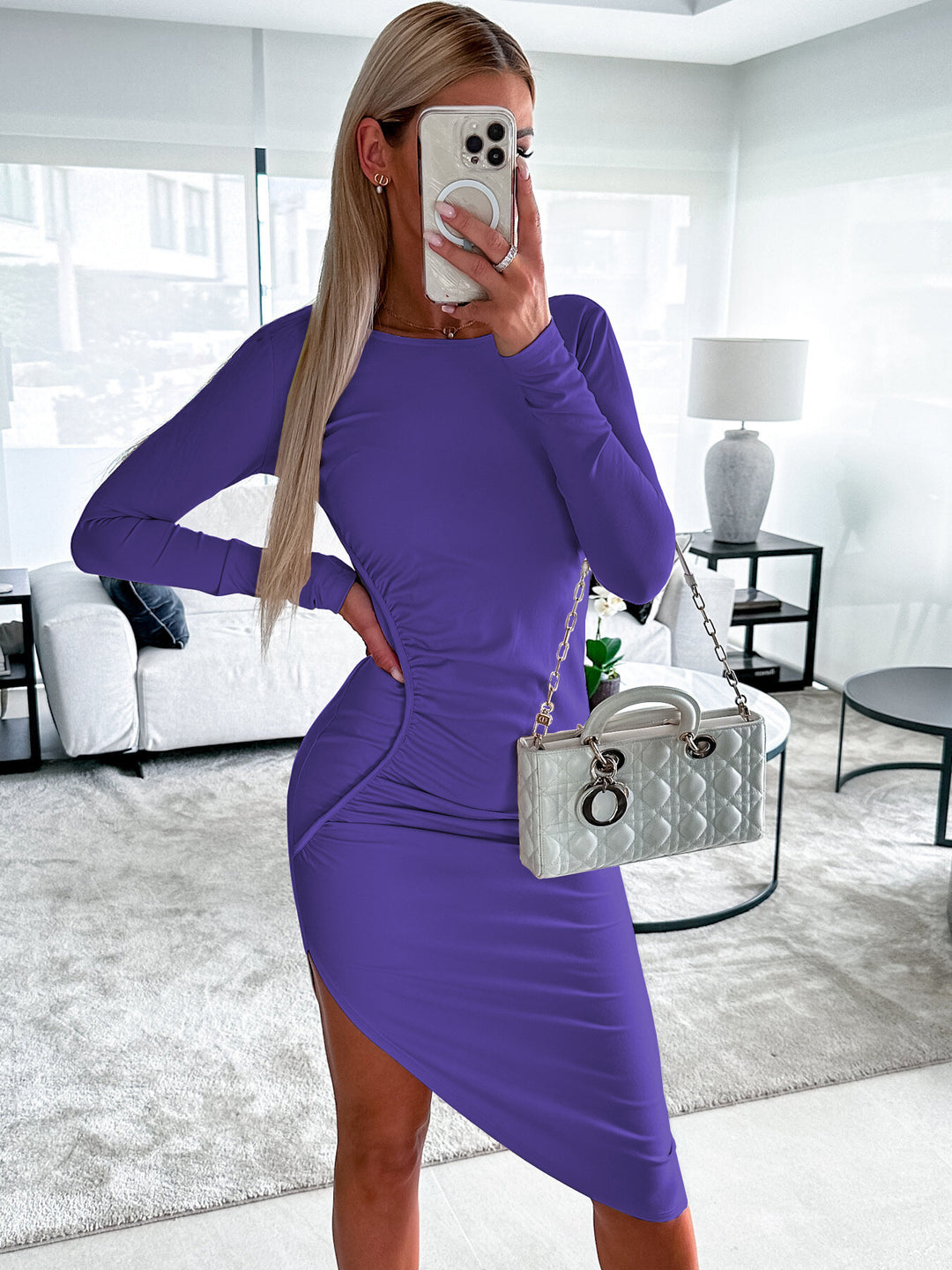 Damen figurbetontes Langarmkleid mit asymmetrischem Schnitt und Raffungen R&B