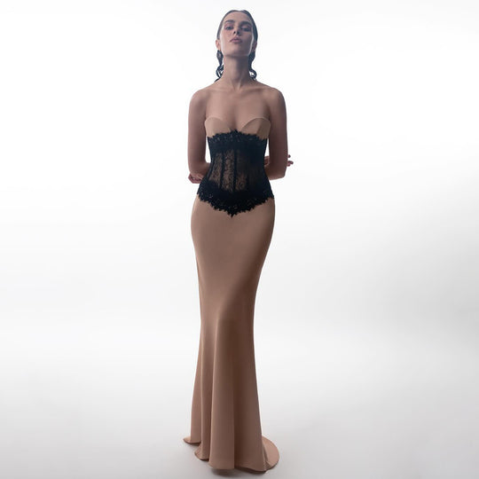 Damen Abendkleid mit elegantem Bustier und floralem Spitzenoberteil R&B
