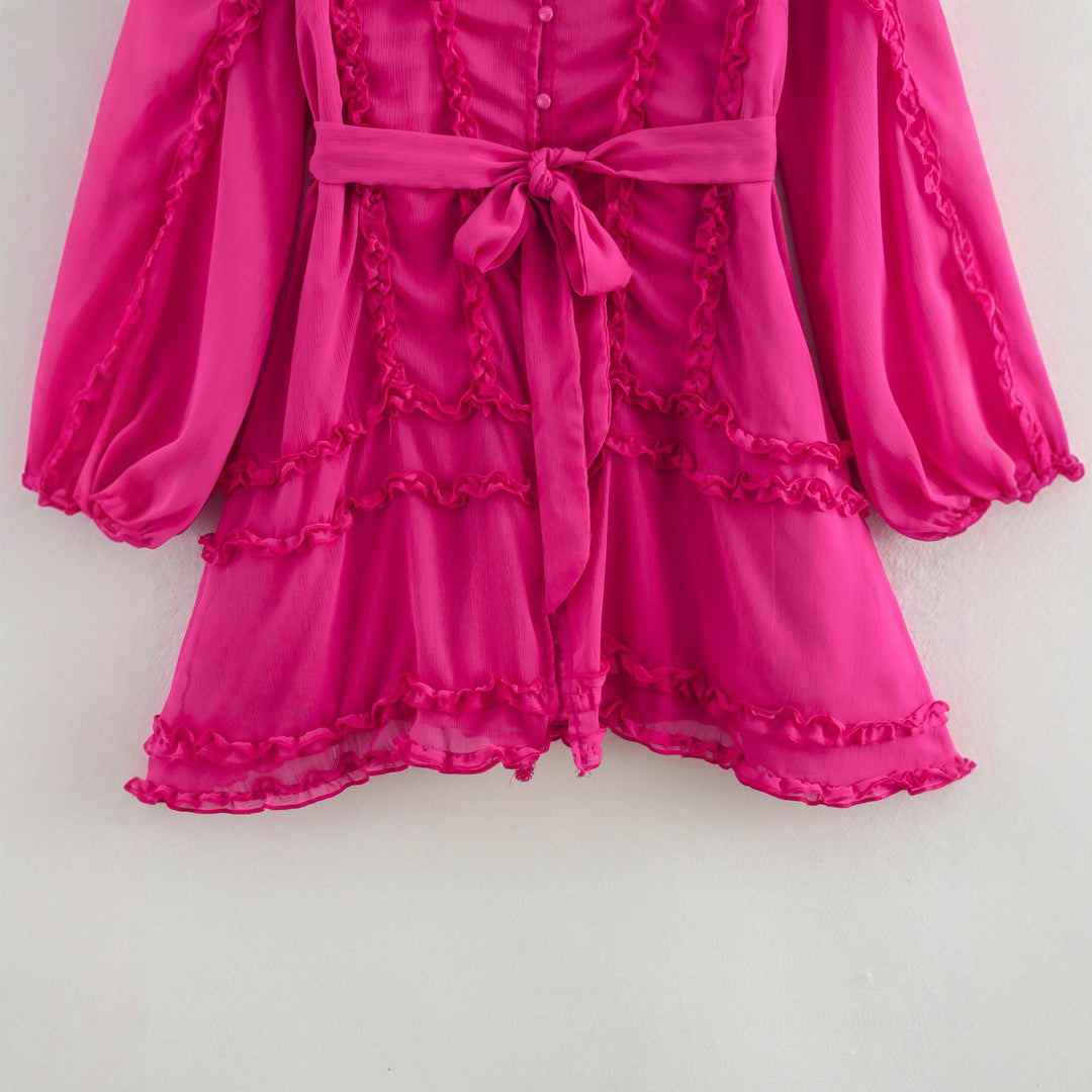 Damen verspieltes Minikleid mit Rüschendetails und Taillengürtel R&B
