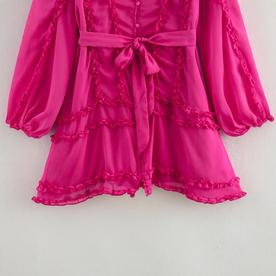 Damen verspieltes Minikleid mit Rüschendetails und Taillengürtel R&B