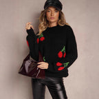 Damen Strickpullover mit fruchtigem Kirschmotiv und lässigem Schnitt R&B