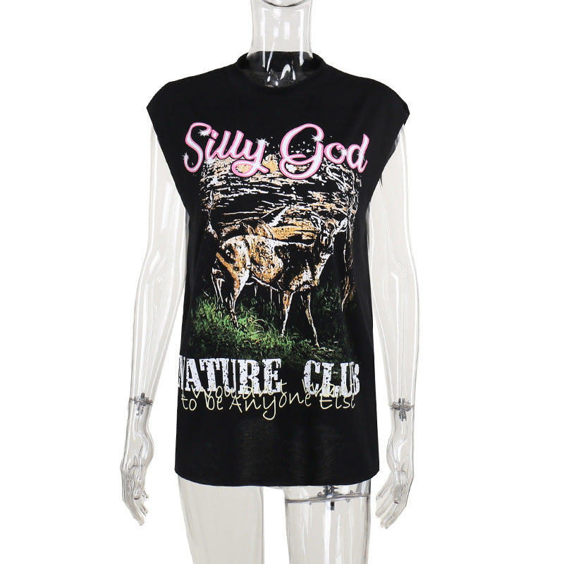 Damen ärmelloses Grafik-T-Shirt mit kreativer Tierillustration R&B