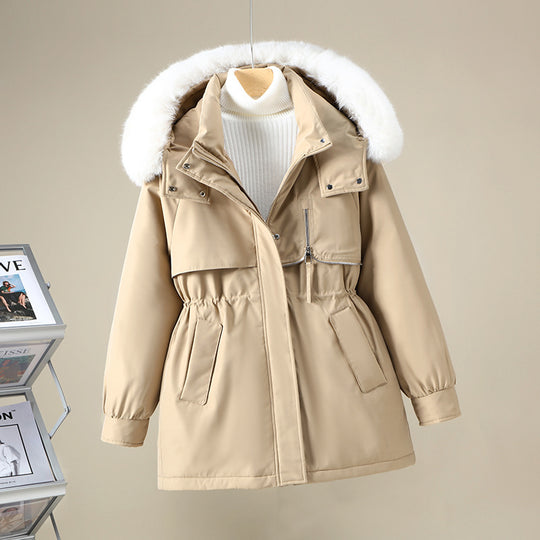 Damen funktionale Winterjacke mit abnehmbarer Kapuze und Kunstfellbesatz R&B