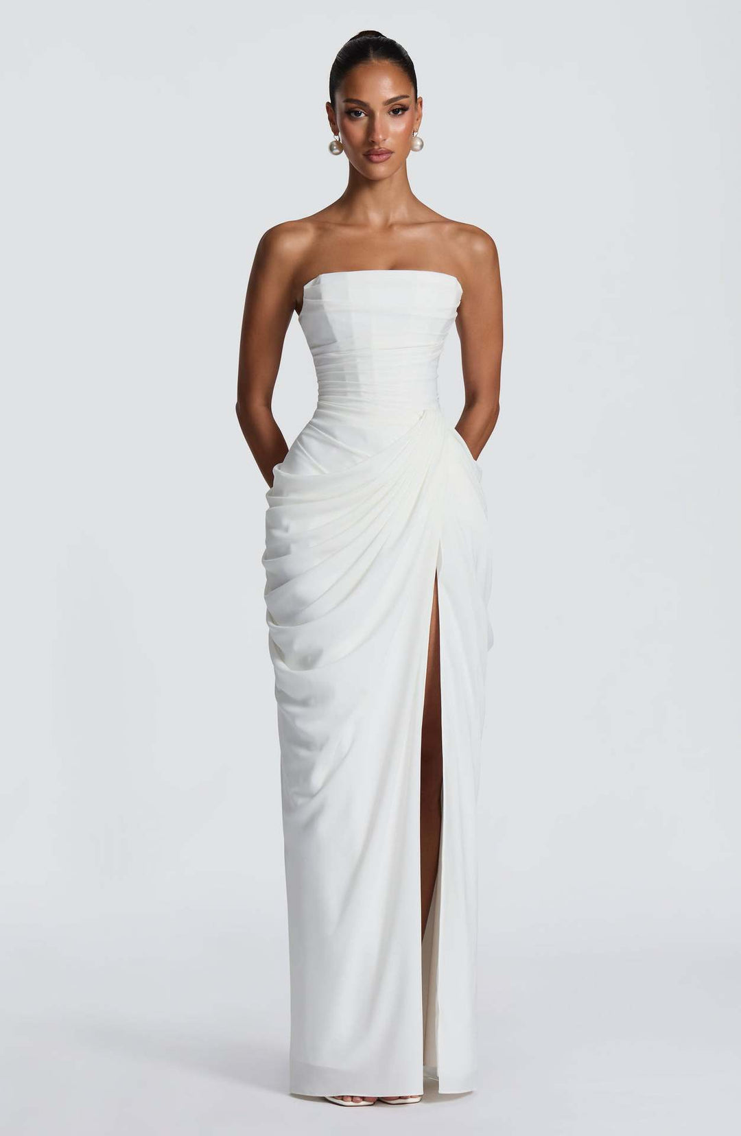 Damen Elegantes Langarm Abendkleid mit asymmetrischer Drapierung und schmalem Schlitz R&B