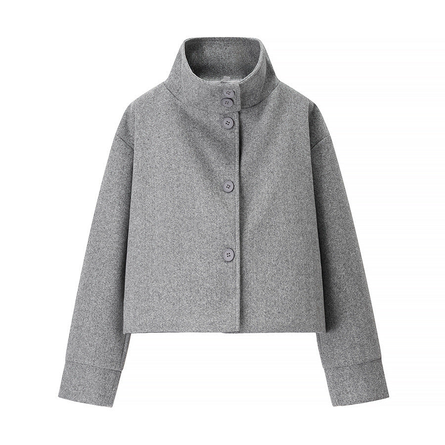 Damen nan cropped Wollmix-Jacke mit hohem Stehkragen, kastiger Passform und verdeckter Knopfleiste R&B