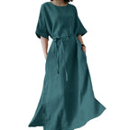 Damen Leinenmaxikleid mit weit geschnittenen Ärmeln und Taillengürtel R&B