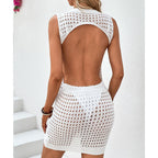 Damen Häkel-Strandkleid mit auffälligem Lochmuster und ärmellosem Design R&B