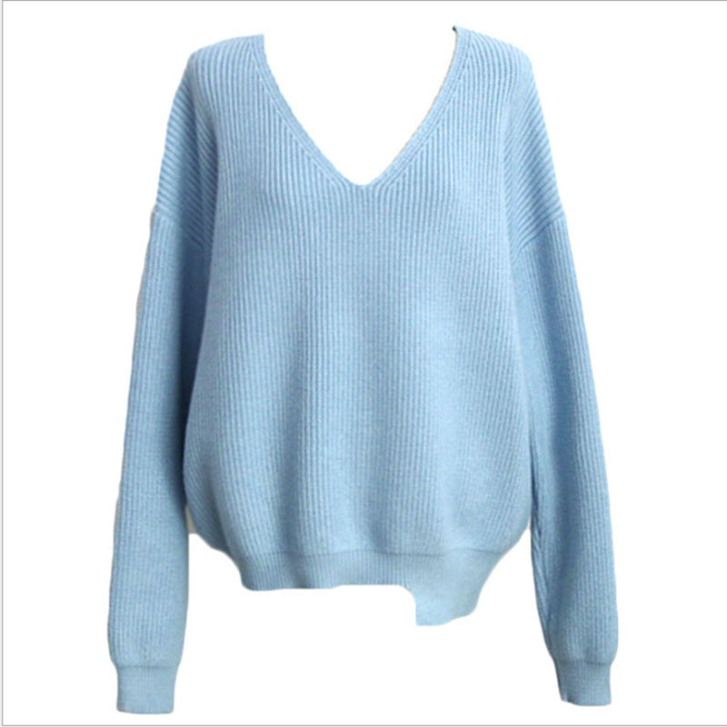 Damen lässiger Strickpullover mit V-Ausschnitt und weit geschnittenen Ärmeln R&B