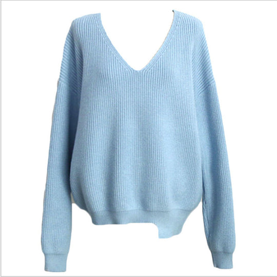 Damen lässiger Strickpullover mit V-Ausschnitt und weit geschnittenen Ärmeln R&B