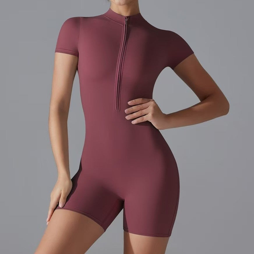 Damen Sportliche Kurzarm-Jumpsuit mit Reißverschluss R&B
