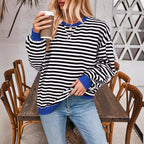 Damen lässiger Oversized Sweatshirt mit bunten Streifen und Kapuzenkordel R&B