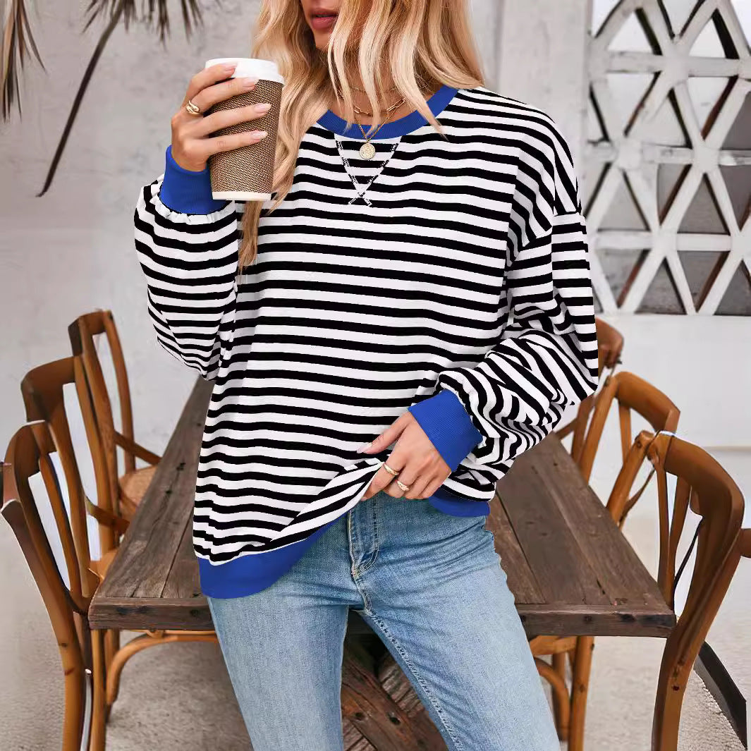 Damen lässiger Oversized Sweatshirt mit bunten Streifen und Kapuzenkordel R&B
