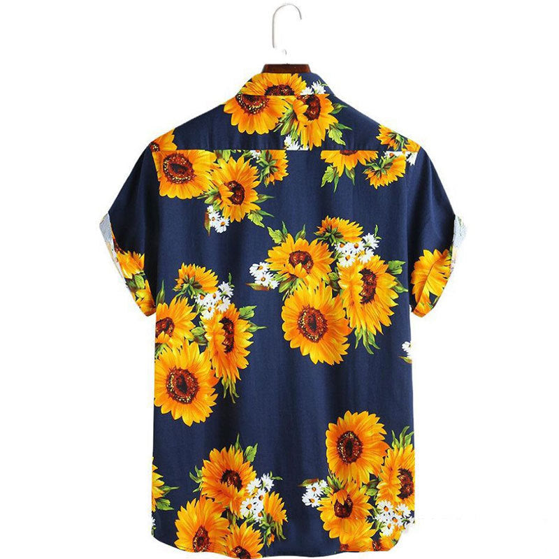 Herren Kurzarmhemd mit farbenfrohem Sonnenblumenmuster und leichtem Baumwollstoff R&B