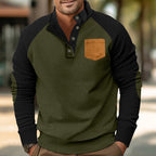 Herren nan strukturierter Halbknopf-Strickpullover im Cord-Look mit Raglanärmeln, aufgesetzter Brusttasche und Ellenbogenpatches R&B