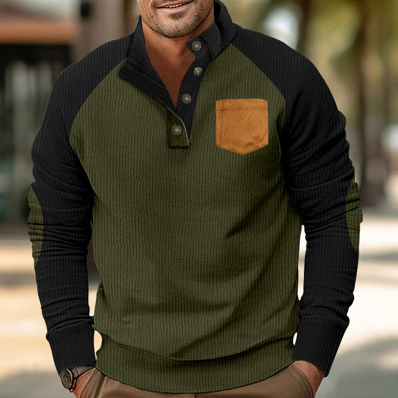 Herren nan strukturierter Halbknopf-Strickpullover im Cord-Look mit Raglanärmeln, aufgesetzter Brusttasche und Ellenbogenpatches R&B