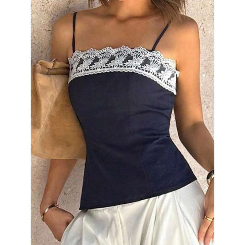 Damen Spaghetti-Träger Top mit elegantem Spitzenrand R&B