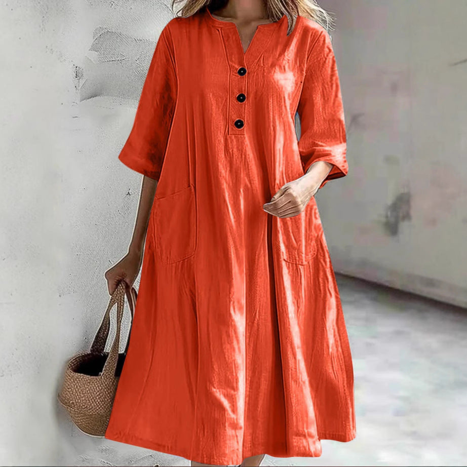 Damen nan locker fallendes A-Linien Kleid mit V-Ausschnitt-Knopfleiste, 3/4-Ärmeln und aufgesetzten Eingrifftaschen R&B