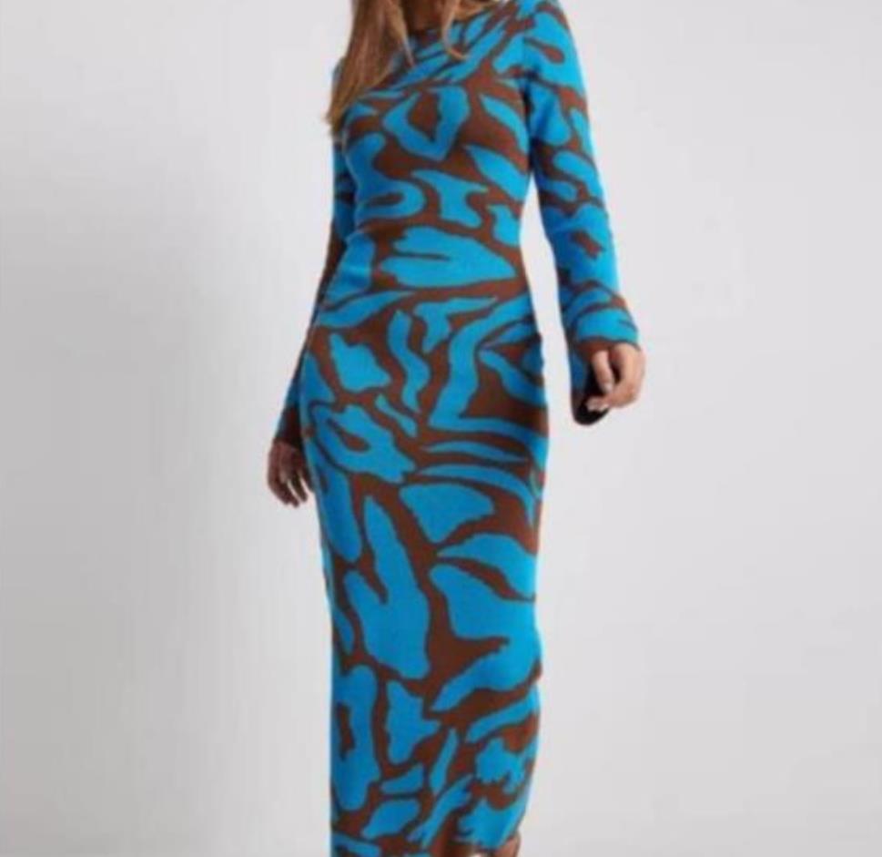 Damen Elegantes Maxi-Kleid mit spannendem Muster und langem Arm R&B