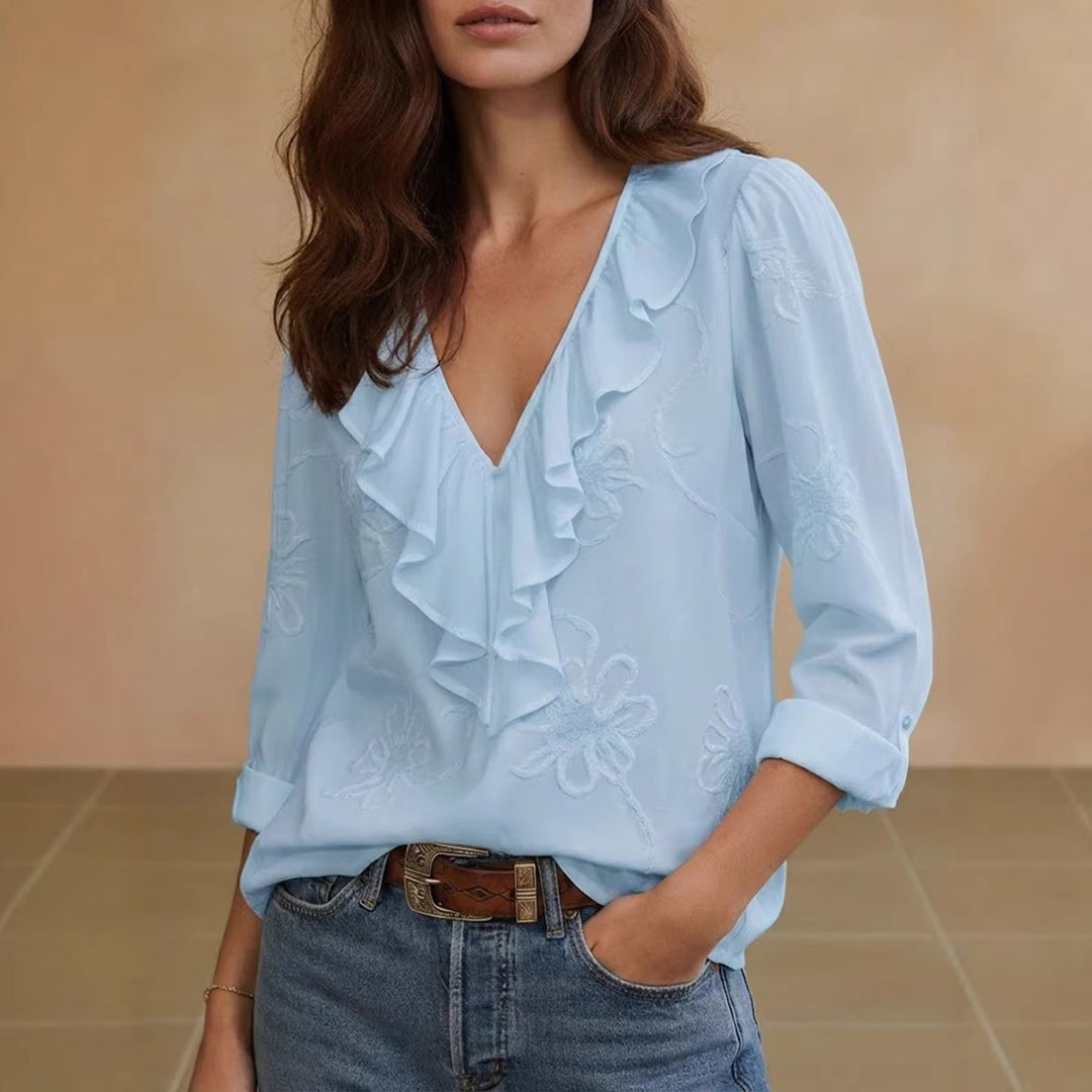 Damen elegante Bluse mit Volant und floralem Stickmuster R&B