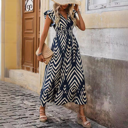 Damen Maxikleid mit V-Ausschnitt und Rüschendetails R&B
