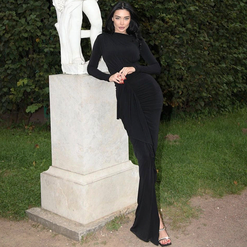 Damen Elegantes langärmliges Wickelkleid mit Rüschendetails und seitlichem Schlitz R&B