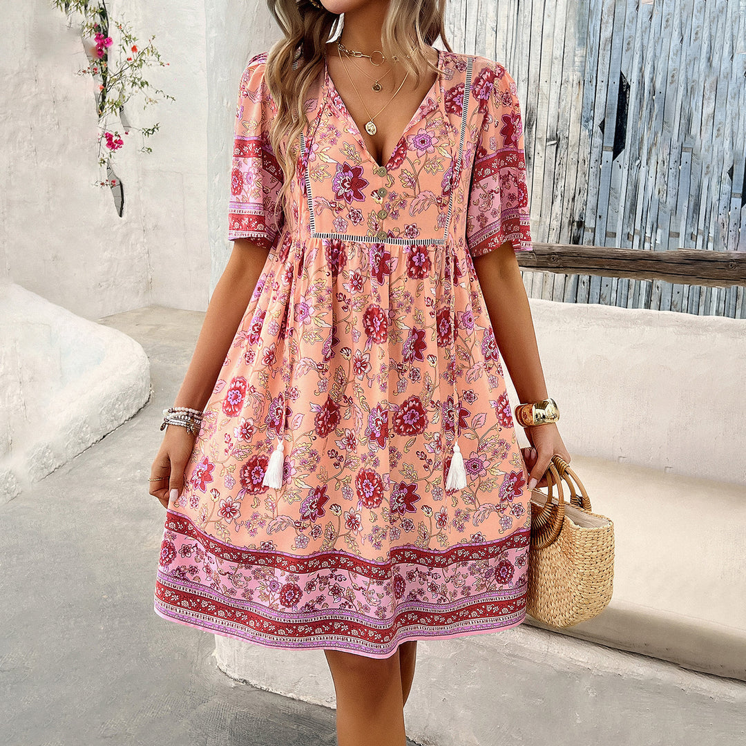 Damen Retro-Chic Kleid mit Blumenmuster und fließendem Rock R&B
