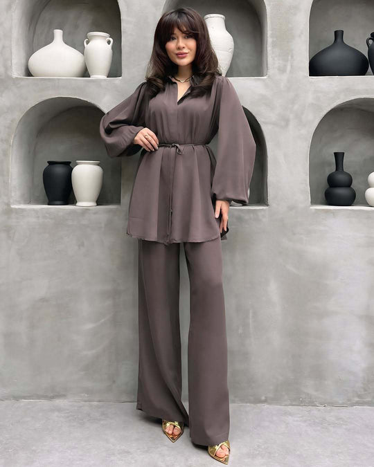 Damen elegantes Set mit langer Bluse und weitem Hosen R&B