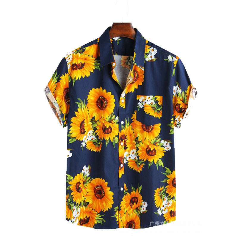 Herren Kurzarmhemd mit farbenfrohem Sonnenblumenmuster und leichtem Baumwollstoff R&B
