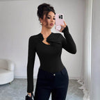 Damen nan figurbetonter Langarm-Body mit Leopardenprint und Zier-Ring R&B