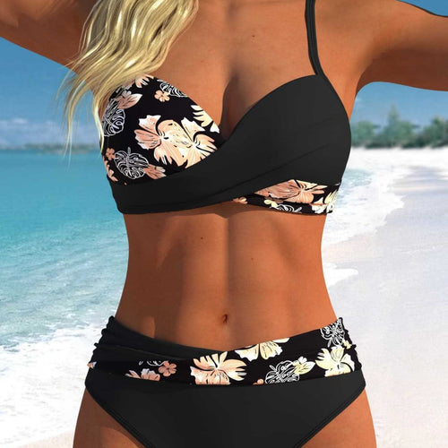 Damen Wickel-Bikini-Set mit floralem Design und hohem Bund R&B